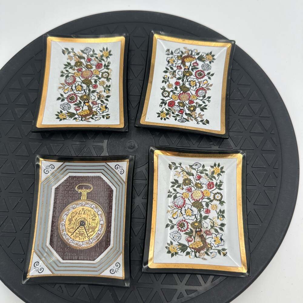 Set Of 4 Vintage Smoked Glass Trinket Jewelry Trays Floral Tree Bird Gold Trim